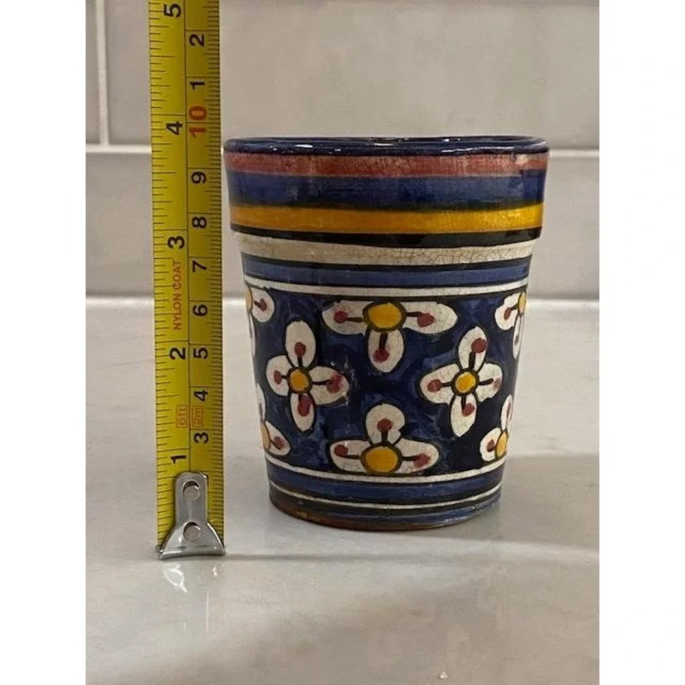 Safi Moroccan Pottery Planter Hand Painted Floral Vintage Blue Yellow